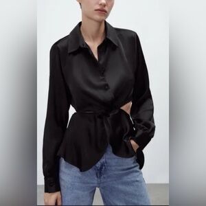 NWT Zara Satin black Button-Down Shirt